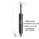 Schéma vérin à gaz avec blocage de position STABILUS pour assise fauteuil roulant DAHLIA 30° FORCE:350N